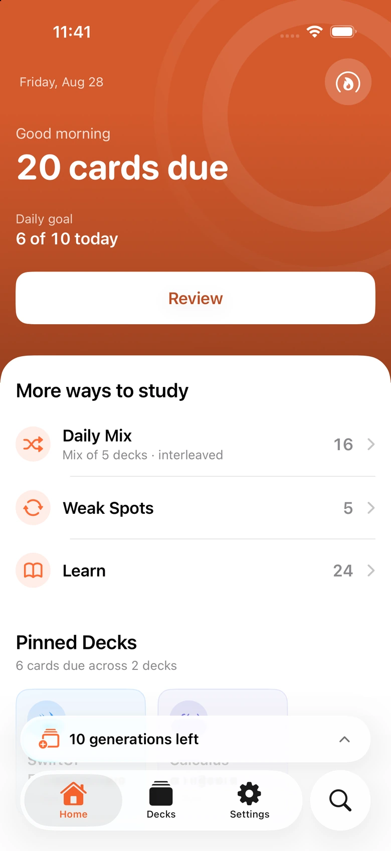 The Cognito Home screen: twenty cards due, a daily goal of six of ten, a Review button, and a More ways to study list with Daily Mix, Weak Spots and Learn.